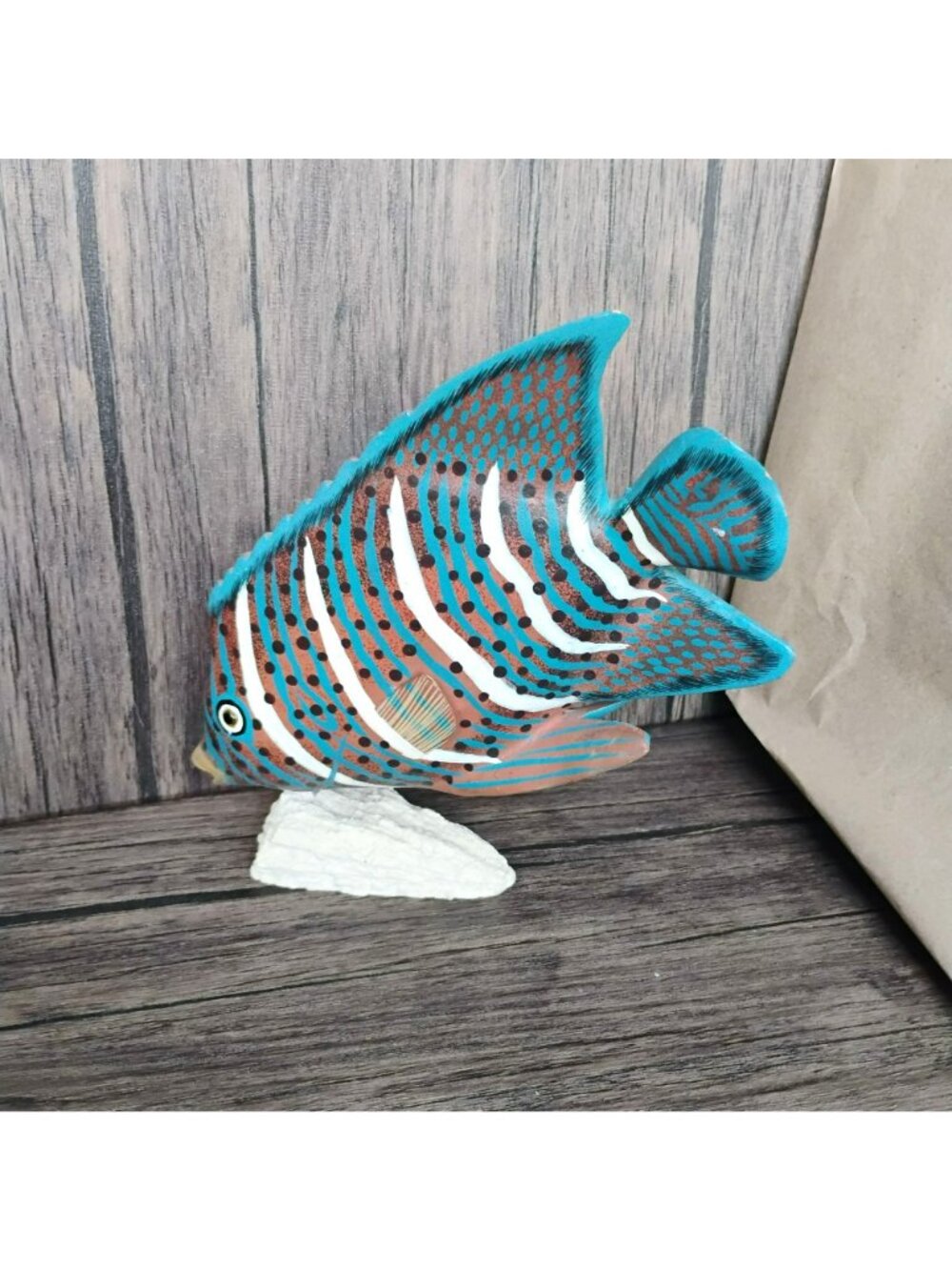 Hand-Painted Wooden Tropical Fish Figurine Blue Orange Stripes On Natural Base - Picture 2 of 6